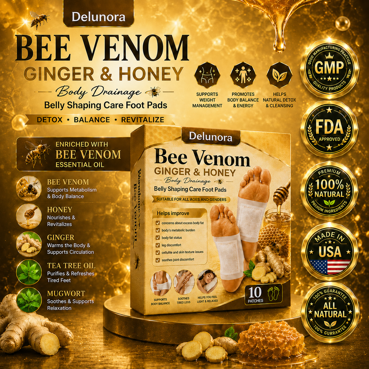 DeluNora® Bee Venom Ginger & Honey Foot Pads -Alin
