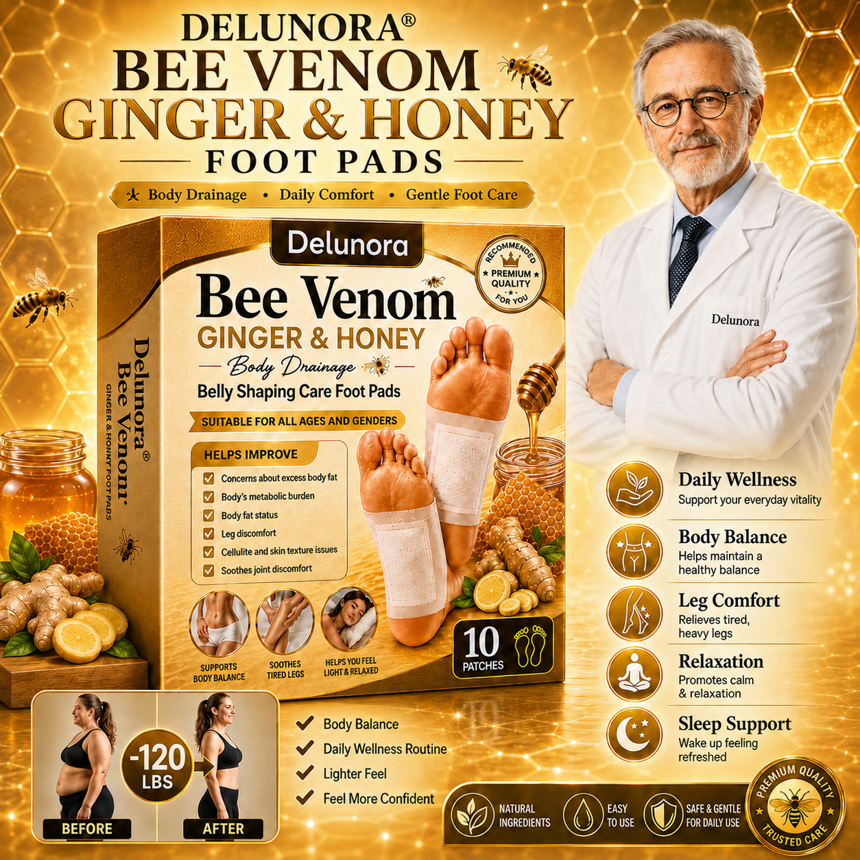 DeluNora® Bee Venom Ginger & Honey Foot Pads -Alin